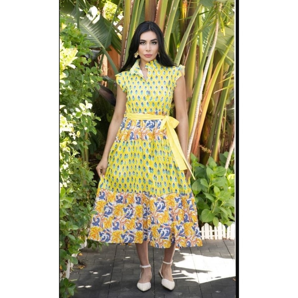 Brisara Vera Dress Large Positano Block Print Tiered Midi Boho Cotton Ruffle NWT